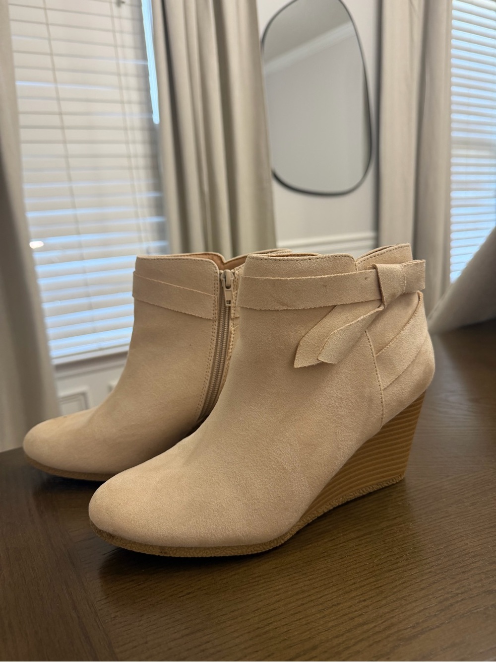 Women's Beige Suede Wedge Ankle Boots with Side Zip